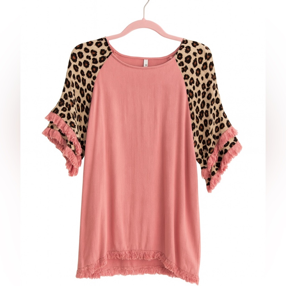 Rose Linen Tunic Top with Animal Print Layered Bell Sleeves by Umgee Sz S